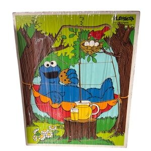 Vintage Playskool Sesame Street Wooden Puzzle 1988 Cookie Monster in Hammock